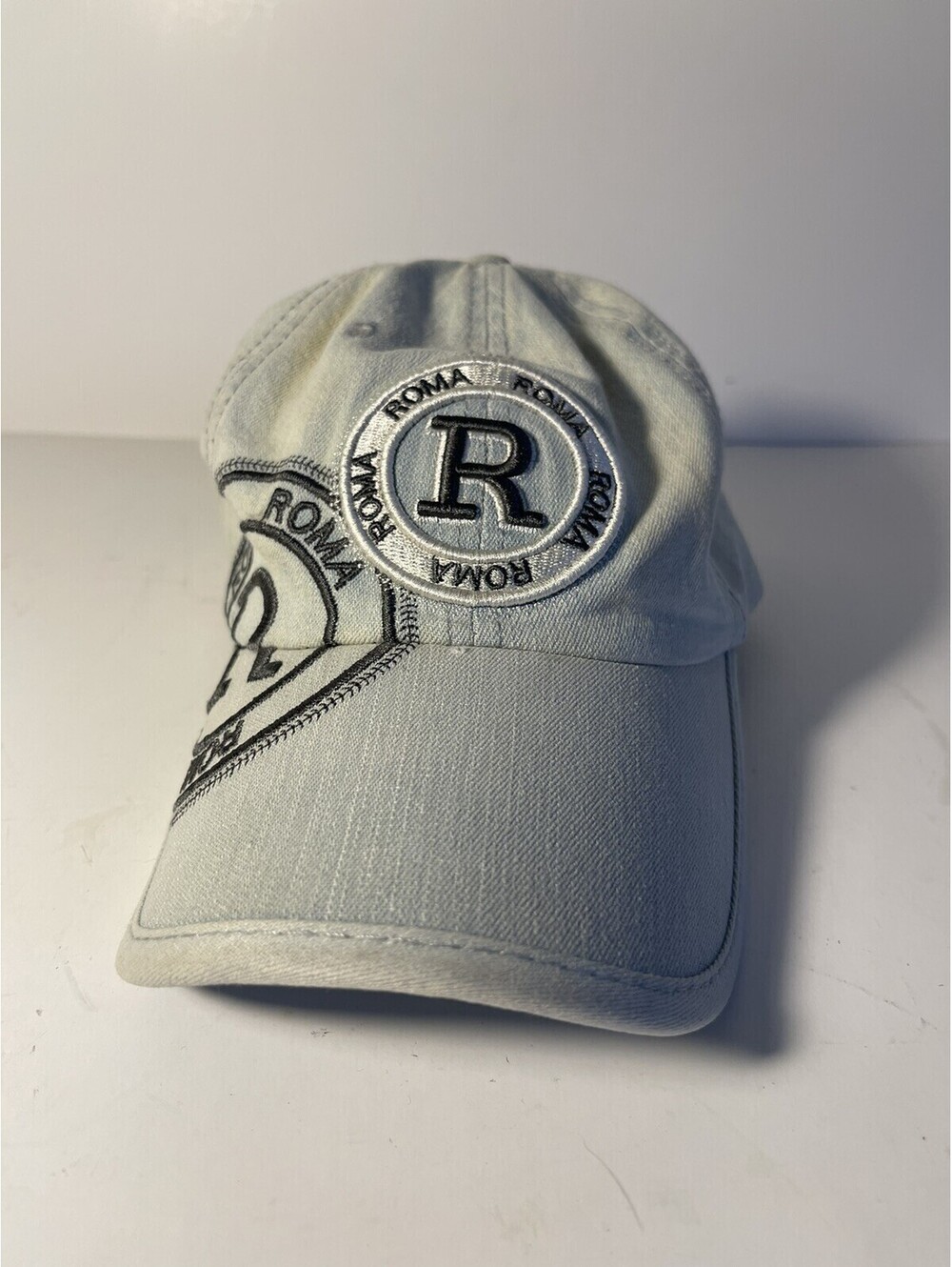 Robin Roth Roma Hat Adjustable StrapBack Patch Blue Denim Embroidered Circle